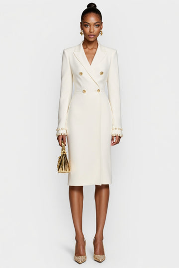 White Double Breasted Bodycon Peak Lapel Midi Work Dress